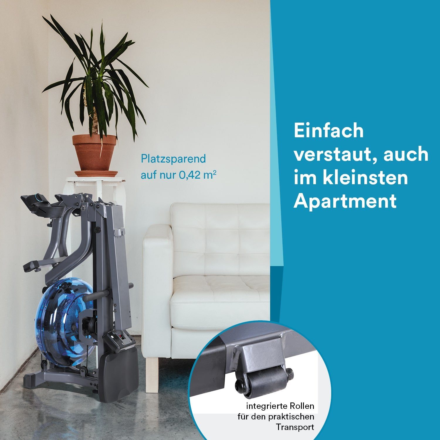Skandika Rudergerät Nemo Compact, Wasser Rudergerät klappbar, Bluetooth, App kompatibel, bis 130 kg