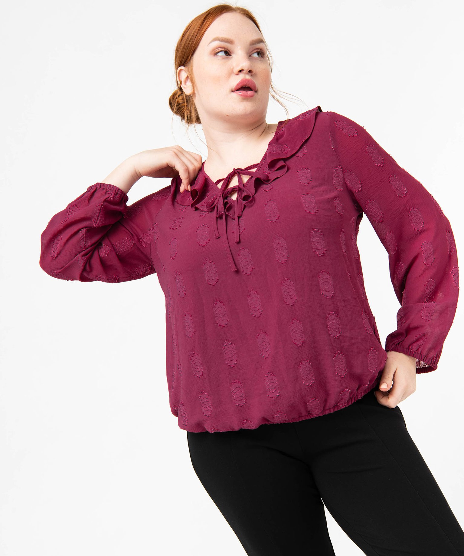 Blouse à manches longues avec col à volant femme grande ta... bordeaux | GEMO