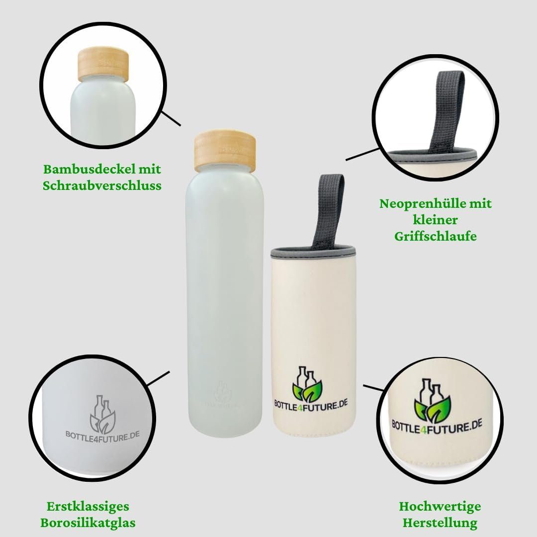 Bottle4Future Trinkflasche 500ml Glas, Auslaufsicher, Bruchsicher, Kohlensäure Geeignet, Borosilikatglas 500ml