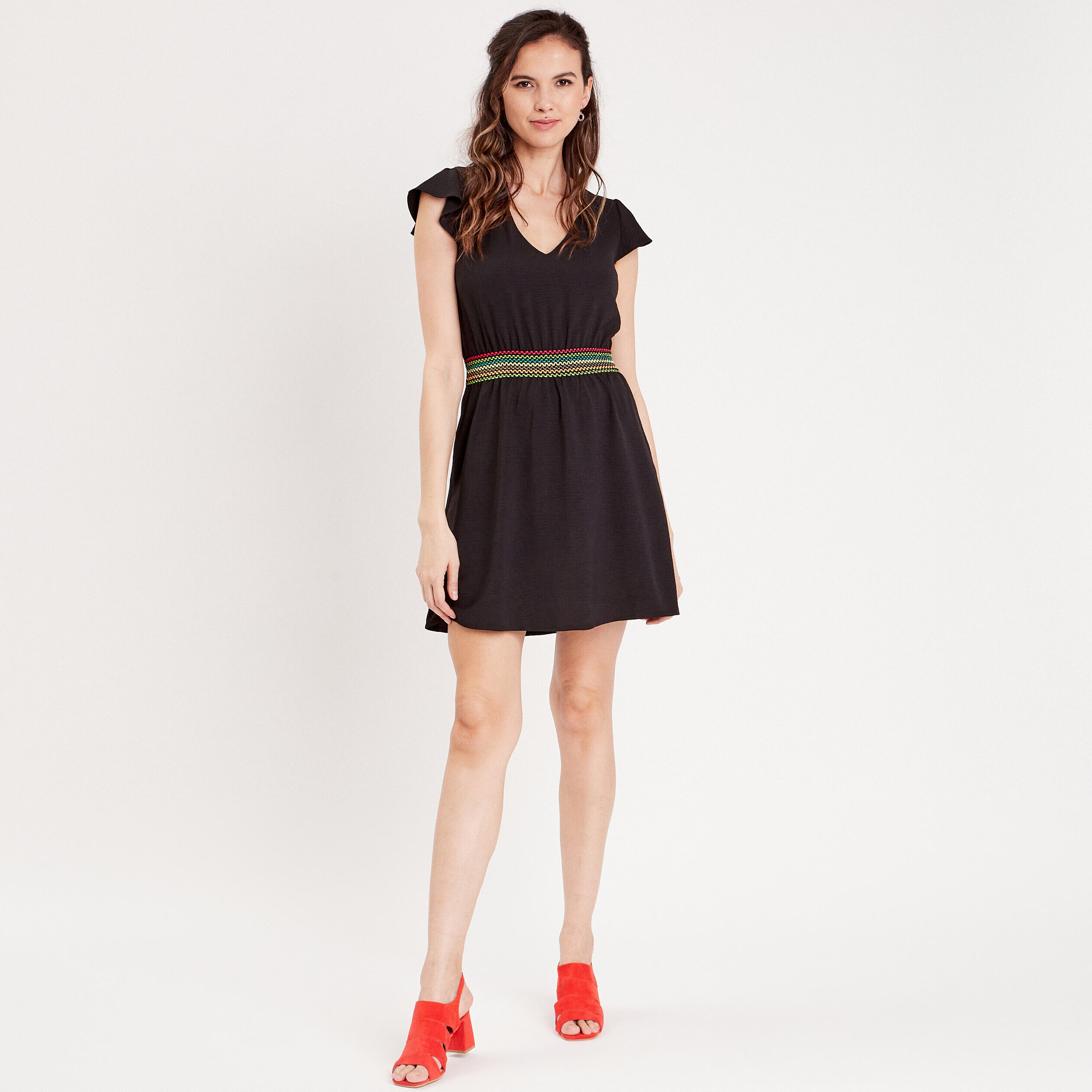 Robe évasée manches courtes noir femme | Cache Cache