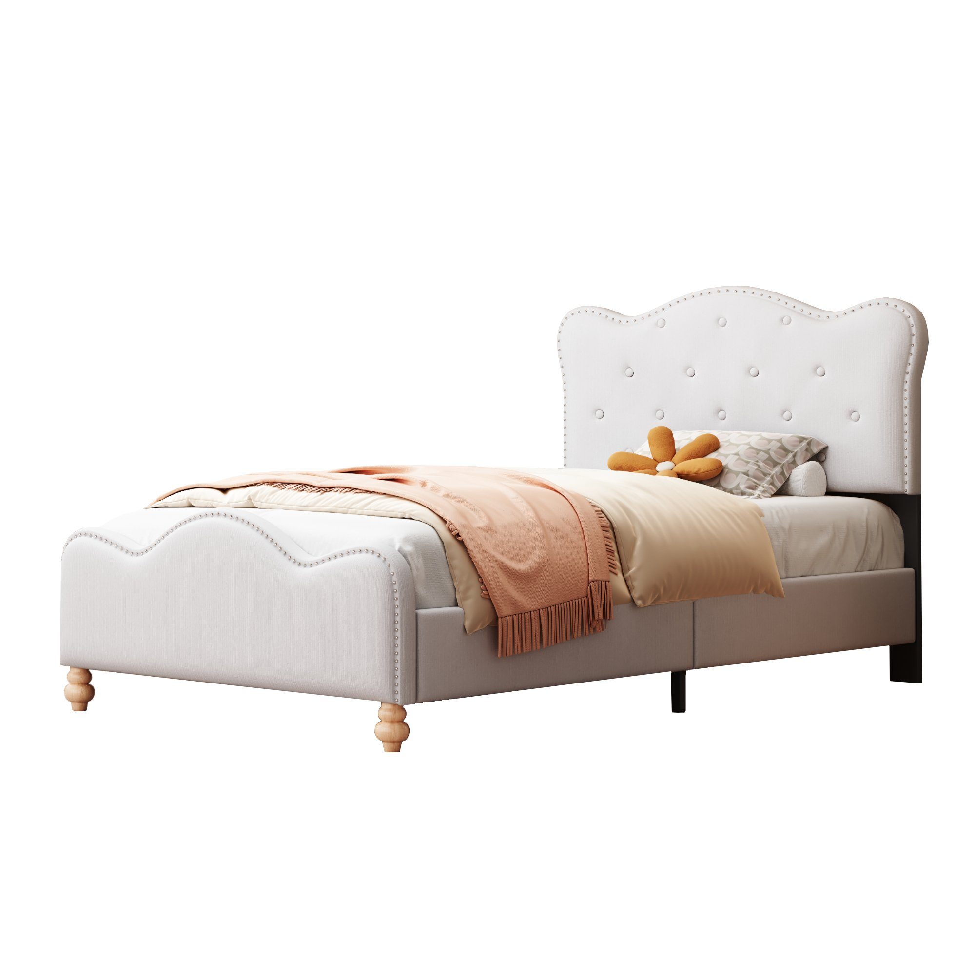 OKWISH Polsterbett Kinderbett Doppelbett Funktionsbett Gästebett (mit Fußteil und Lattenrost gepolstertes Einzelbett Jugendbett Gästebett 90x200 cm, Bettgestell in weißem hautfreundlichem Leinenstoff mit Kopfteil), ohne Matratze