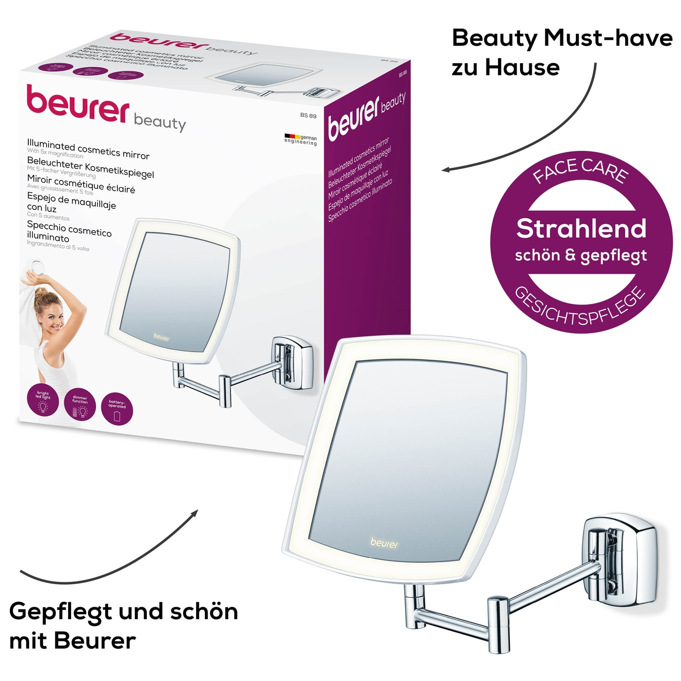 Beleuchteter Kosmetikspiegel BS 89-Beleuchteter Wandspiegel mit extra hellem LED-Licht und 5-fach Zoom