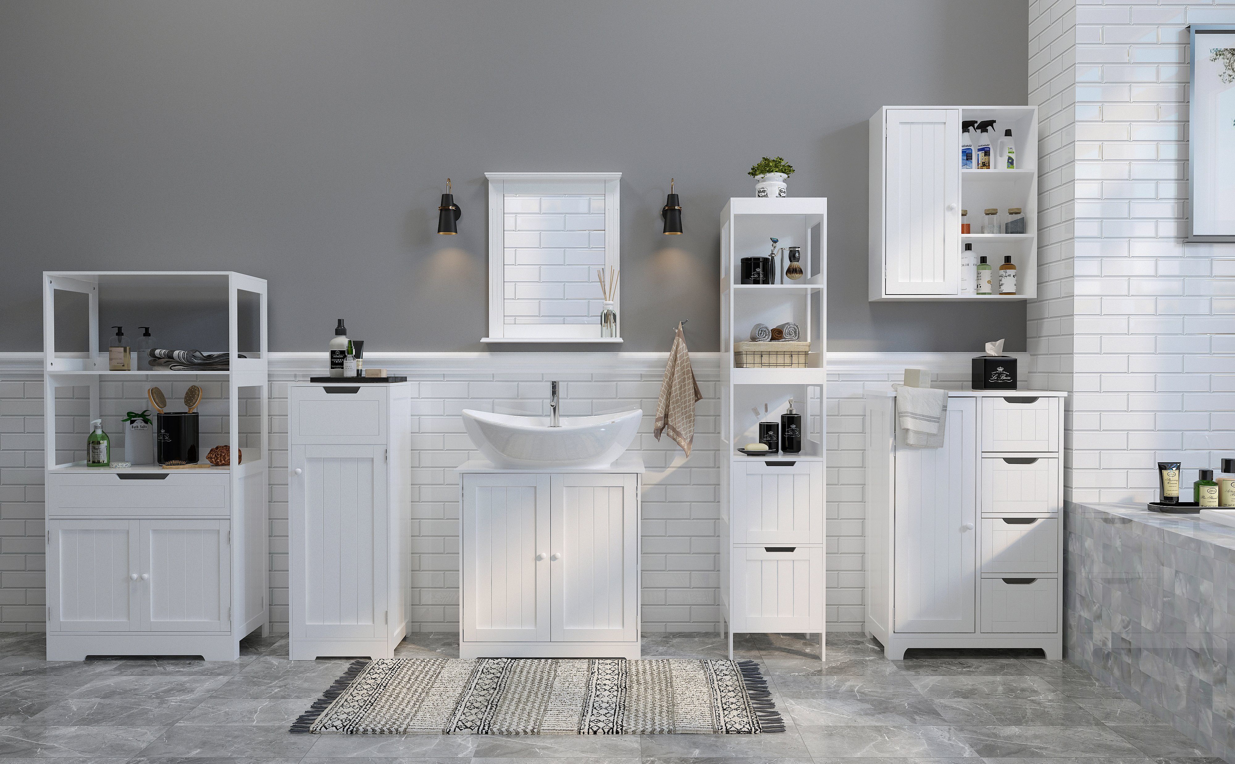 Mondeer Badkommode Badezimmerschrank, Badschrank, 87x32x30cm, weiß