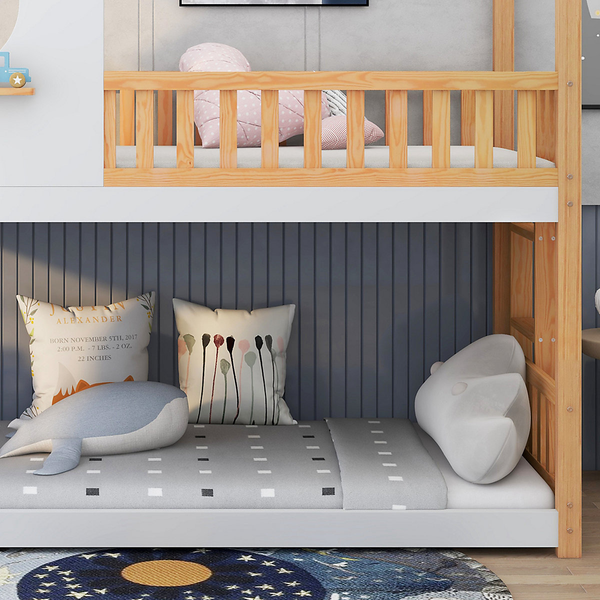 Etagenbett mit rechtwinkliger Leiter, Kinderbett, mit Fallschutz und Barriere, Rahmen aus Kiefernholz