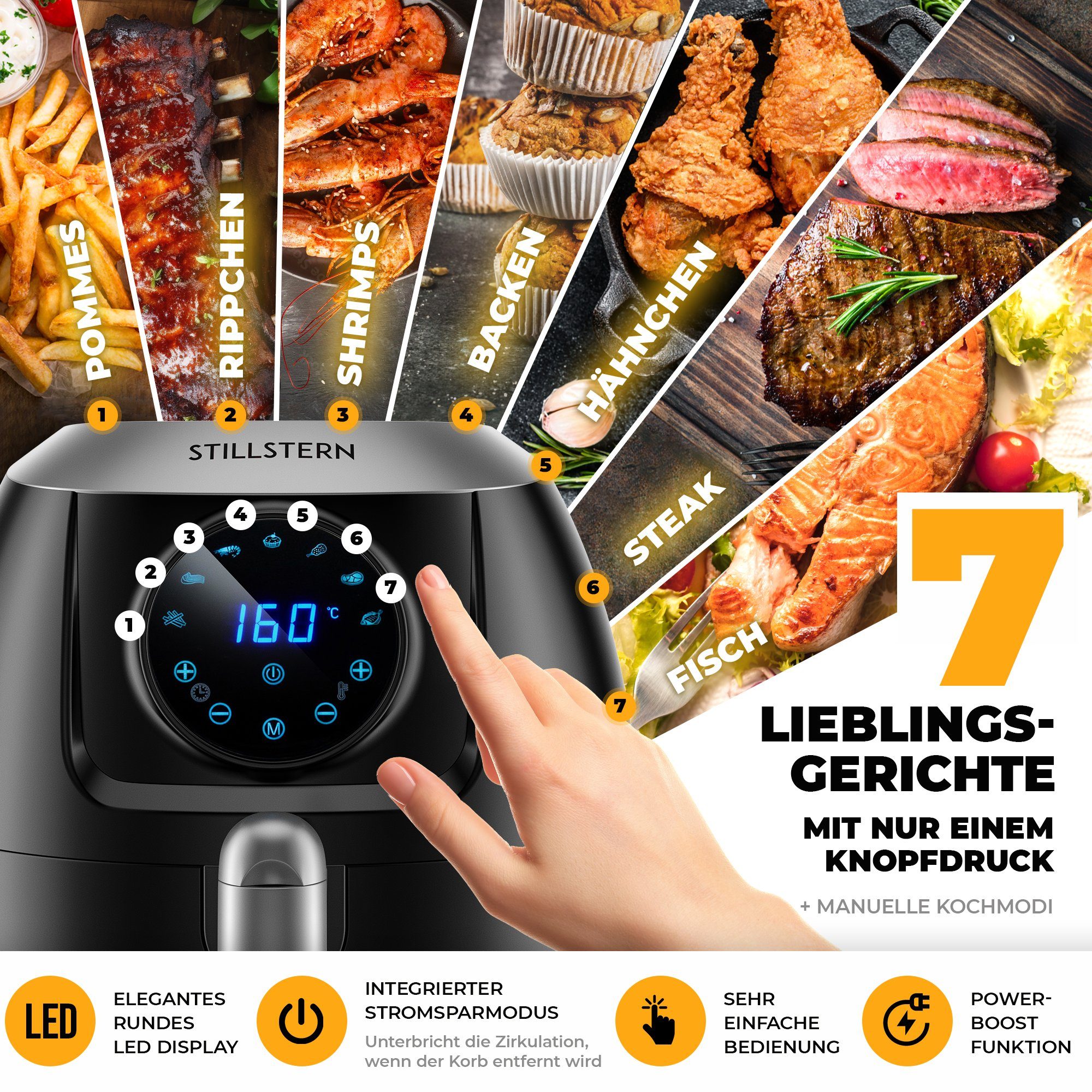 Stillstern Heißluftfritteuse FryHD 3G XL, 5L, 7 Automatikprogramme, LED-Display, 120 Rezepte, Heißluftfritteuse, Schwarz