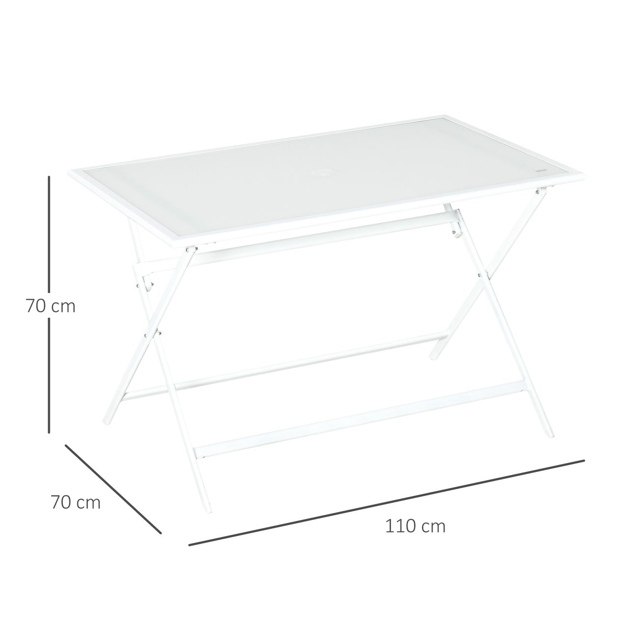 Outsunny Klapptisch Gartentisch mit Ø42mm Ø50mm Schirmloch Falttisch klappbar Beistelltisch Balkontisch Picknicktisch Esstisch Metall gehärtetes Glas Weiß 110 x 70 x 70 cm