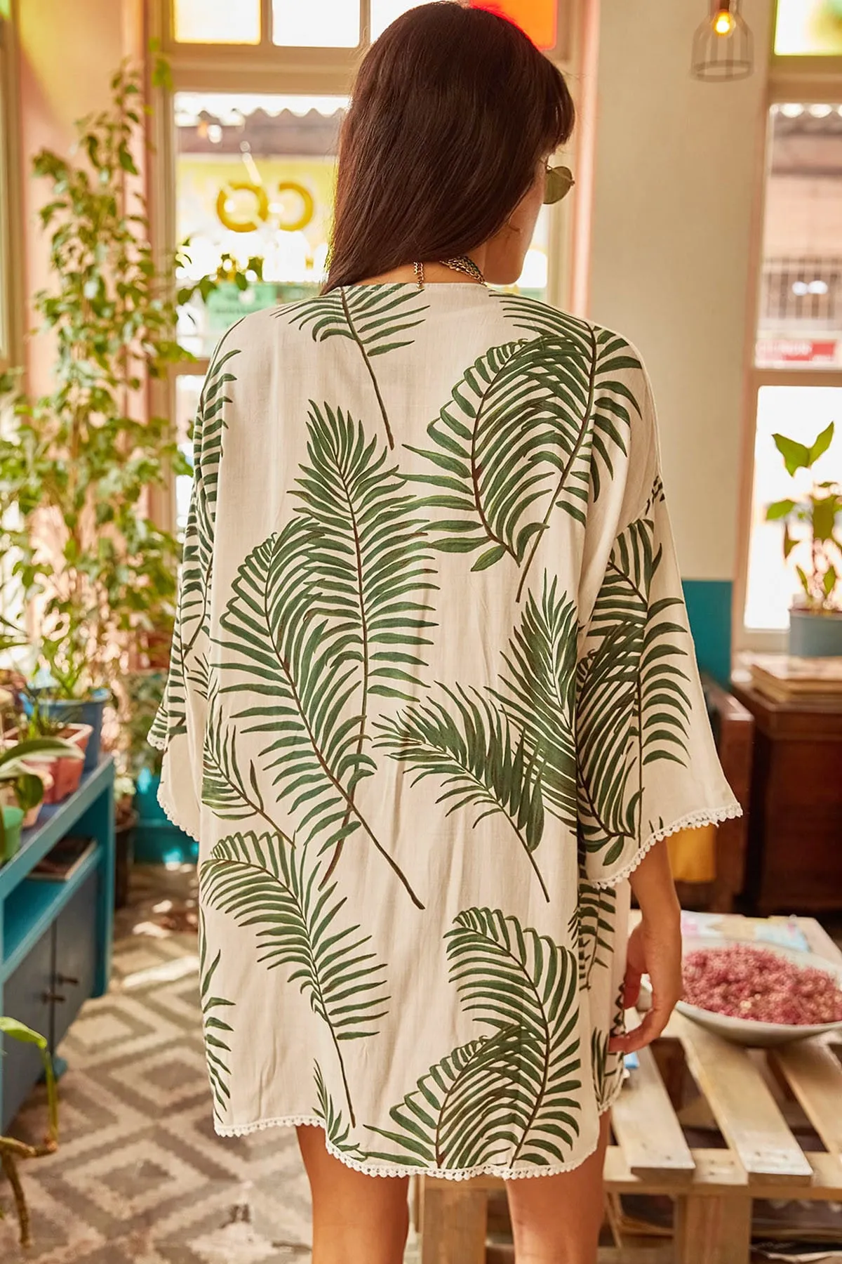 Olalook  Weißer Viskose-Kimono aus Guipure-Detail für Damen CKT-19000080