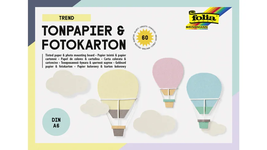 folia Tonpapier und Fotokarton Block TREND  DIN A6 60 Blatt - 15 Farben sortiert.