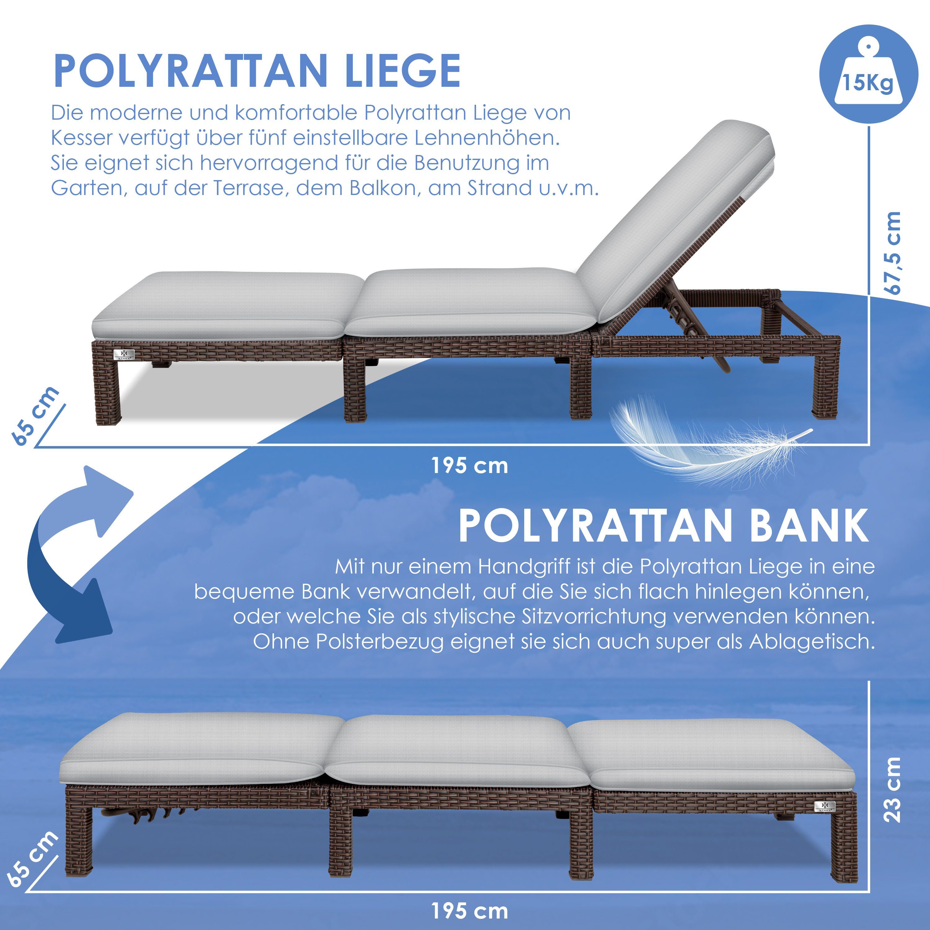 KESSER Gartenliege, Sonnenliege Polyrattan Palma Gartenliege Auflage für Balkon