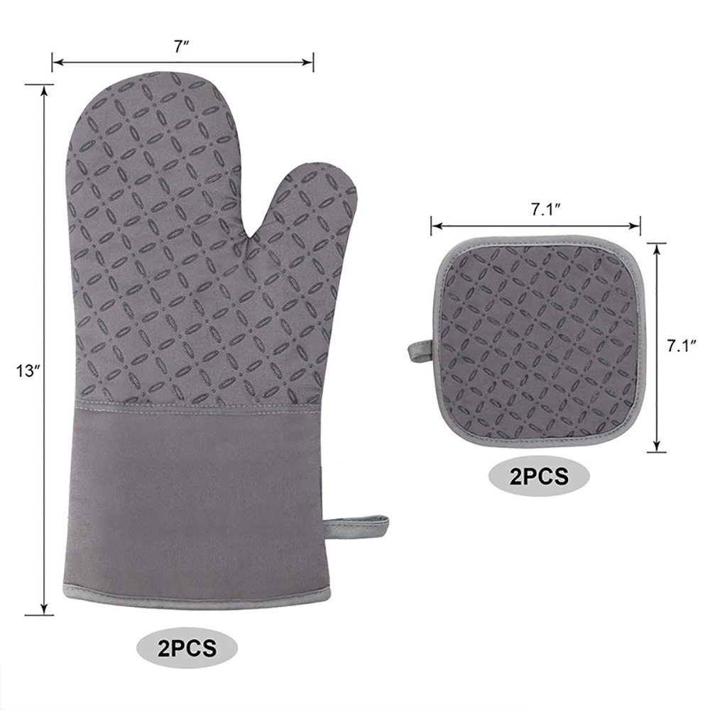 SCOKIT Topfhandschuhe 4er Set Hitzebeständig Topfhandschuhe, (Lange Backofen Handschuhe, Grau Baumwolle Backhandschuhe mit Rutschfestem Silikon Eingriff), Kochhandschuhe für Frauen Männer