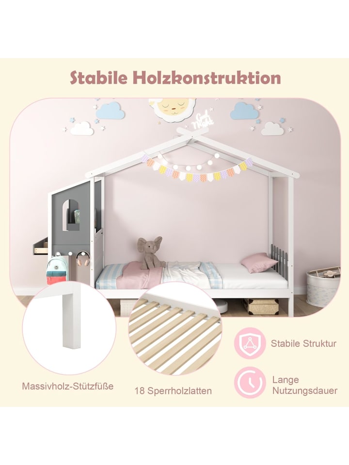 COSTWAY Kinderbett 90x200cm mit Dach & Schreibtisch in Weiß günstig kaufen onesize