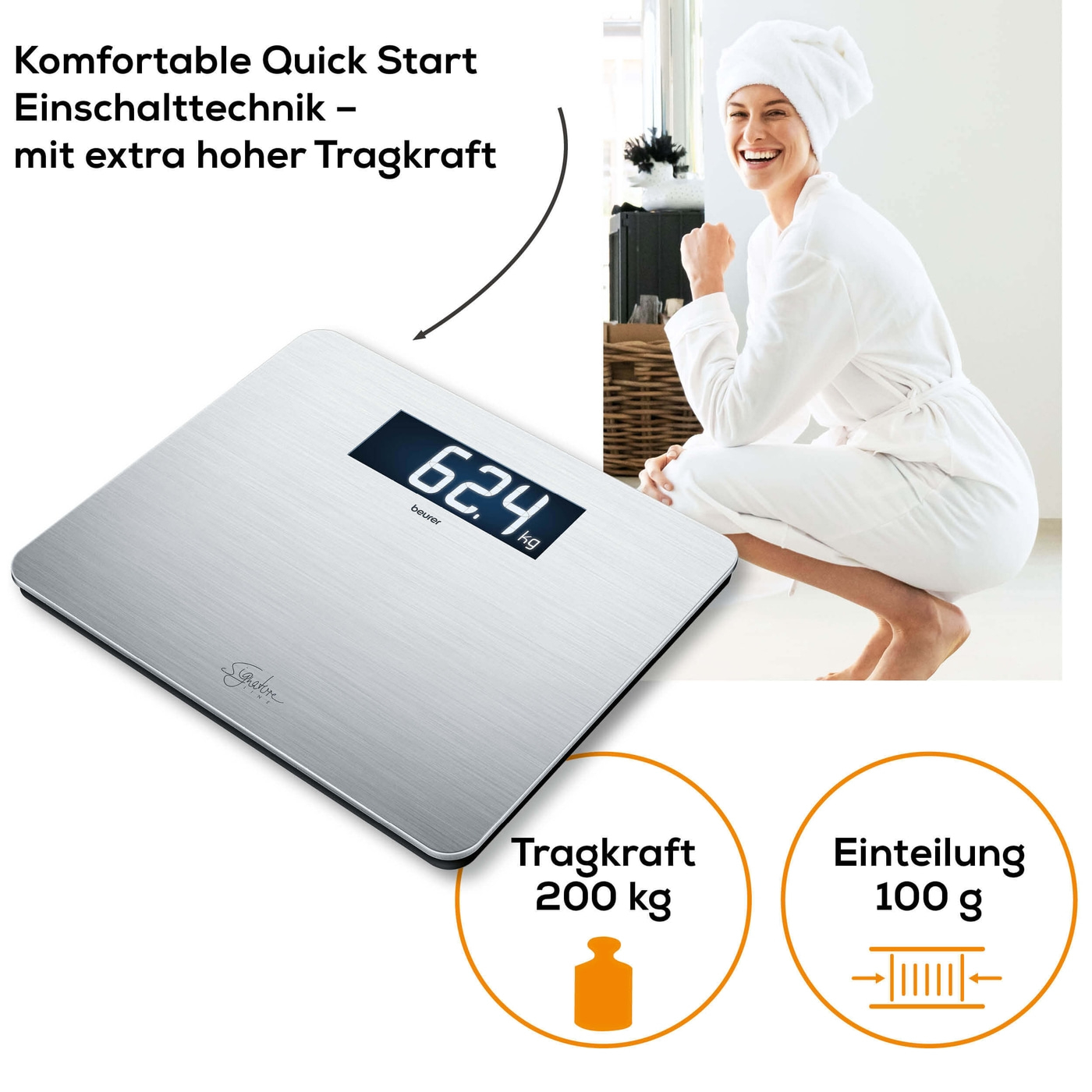 Beurer Edelstahlwaage GS 405 SignatureLine-Glaswaage im XXL-Format mit hochwertiger Edelstahloberfläche - bis 200 kg