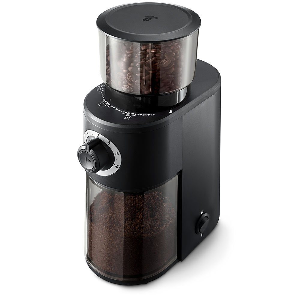 Tchibo Kaffeemühle elektrisch mit hochwertigem Kegelmahlwerk 160W, 160 W, 150 g Bohnenbehälter, fein bis grob, 12-Tassen Fassungsvermögen, robuste Edelstahlklingen