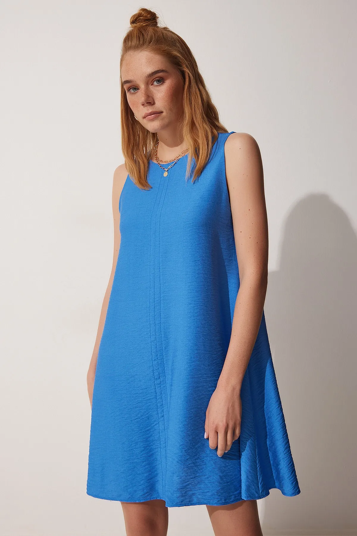 Happiness İstanbul  Indigoblaues Sommer-Glockenkleid aus Webstoff BF00067 für Damen