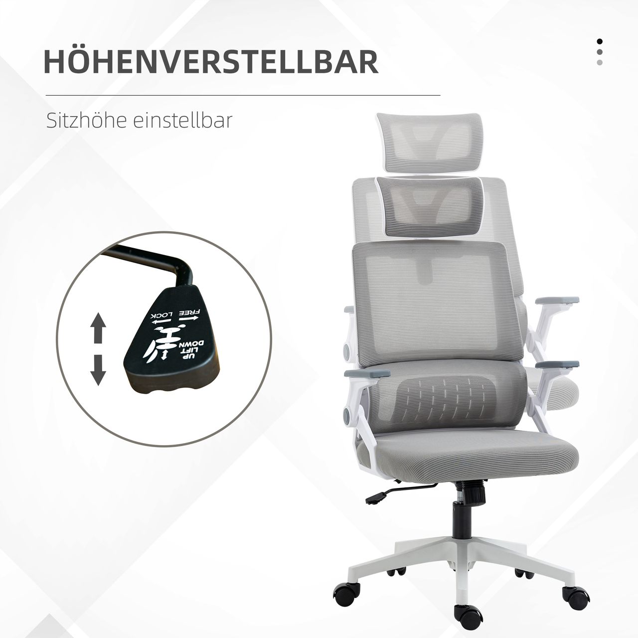 Vinsetto Bürostuhl Ergonomisch, Schreibtischstuhl mit Verstellbar Kopfstütze Mesh, Grau
