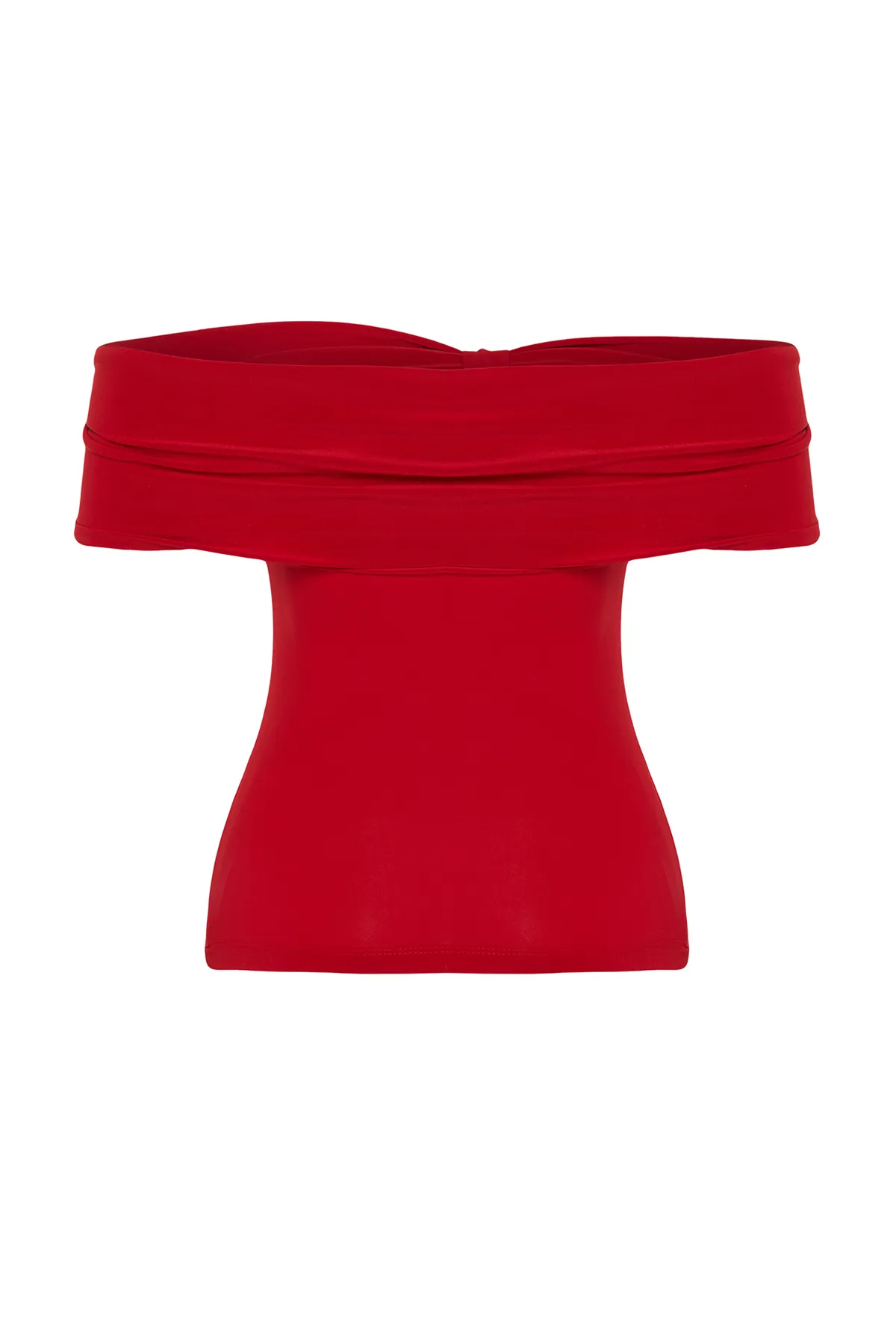 Trendyol Collection  Rote Carmenkragen-Bluse mit figurbetontem Schnitt und flexibler Crop-Strick-Optik TWOSS24BZ00368
