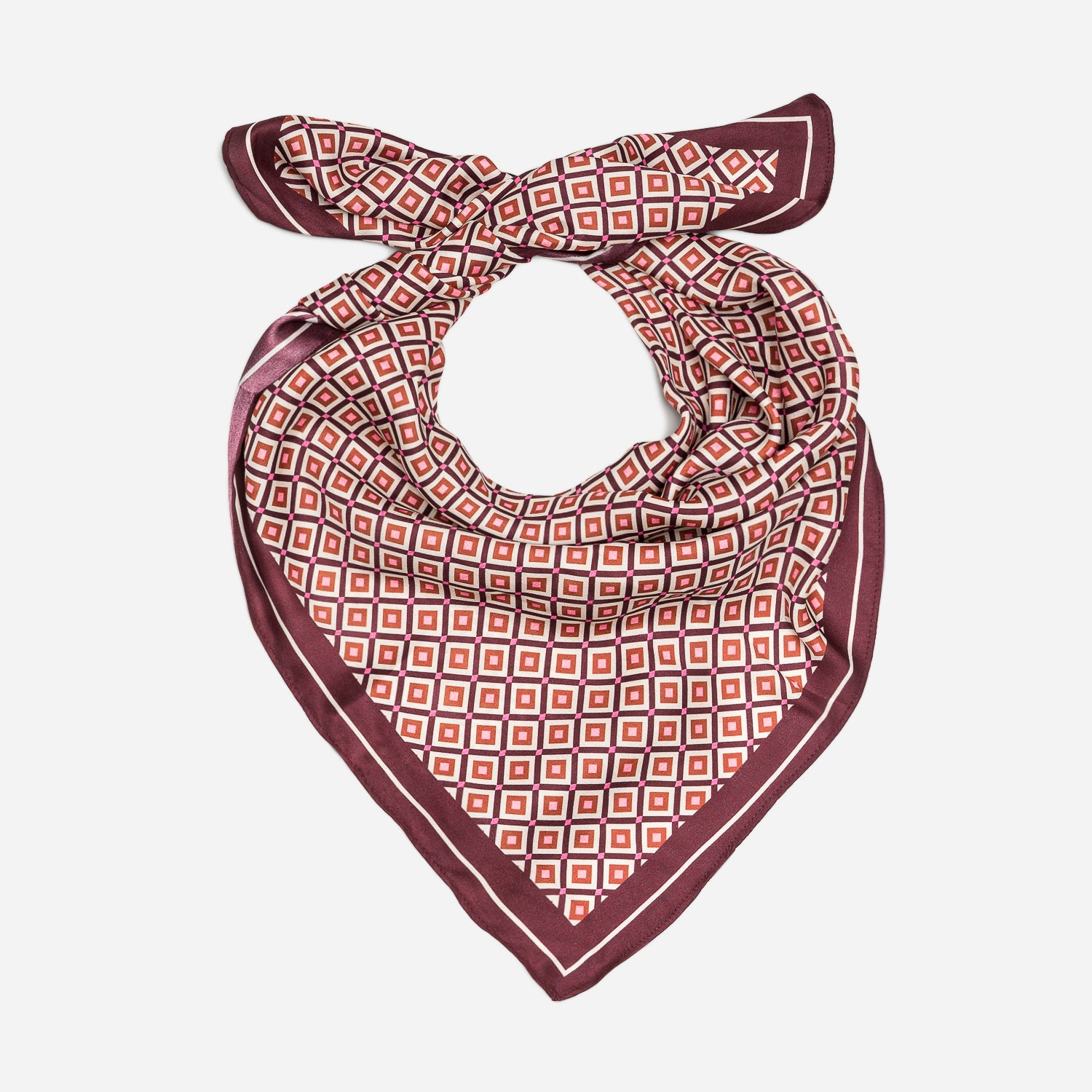 Foulard bordeaux, beige et rose à motif carreaux