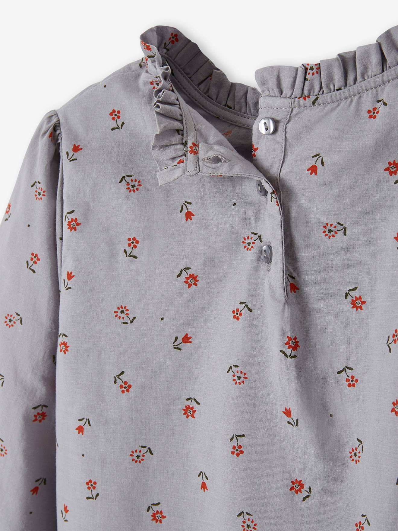 Blouse victorienne motifs fleurs fille bleu grisé imprimé