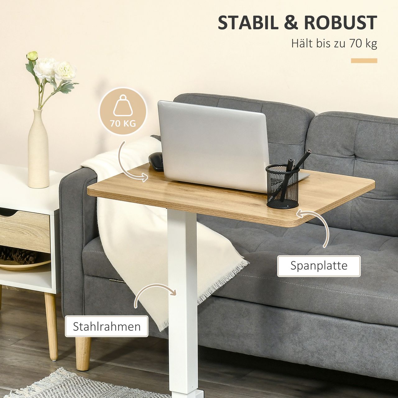 HOMCOM Höhenverstellbar Steh-Sitz Schreibtisch Laptoptisch Stehpult Beistelltisch mit Rollen C-förmig Platzsparend für Arbeitszimmer Sofa Bett Natur Weiß Belastbar bis 70 kg 65 x 48 x 70-110 cm
