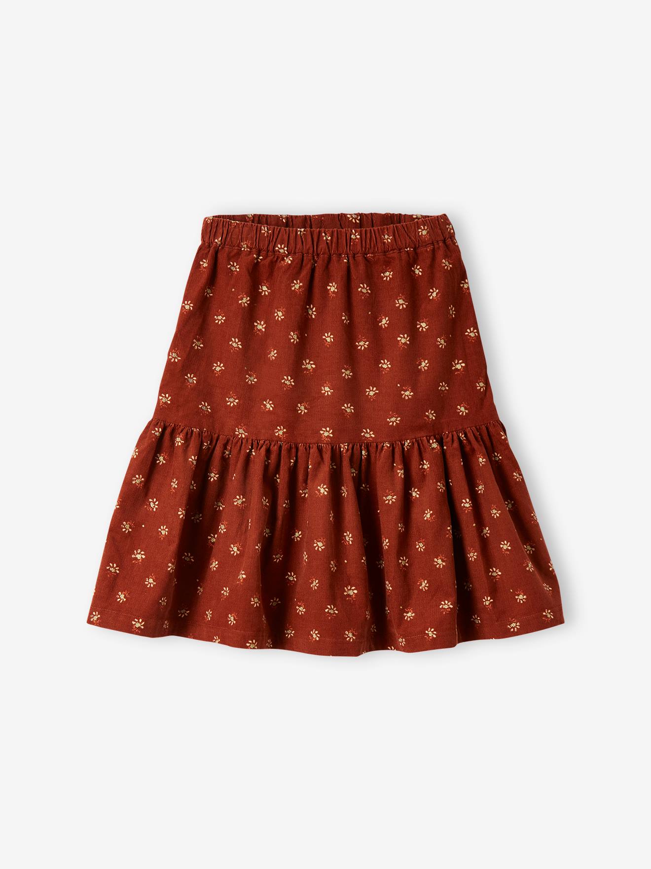 Jupe en velours fille motifs fleurs détails irisés marron imprimé