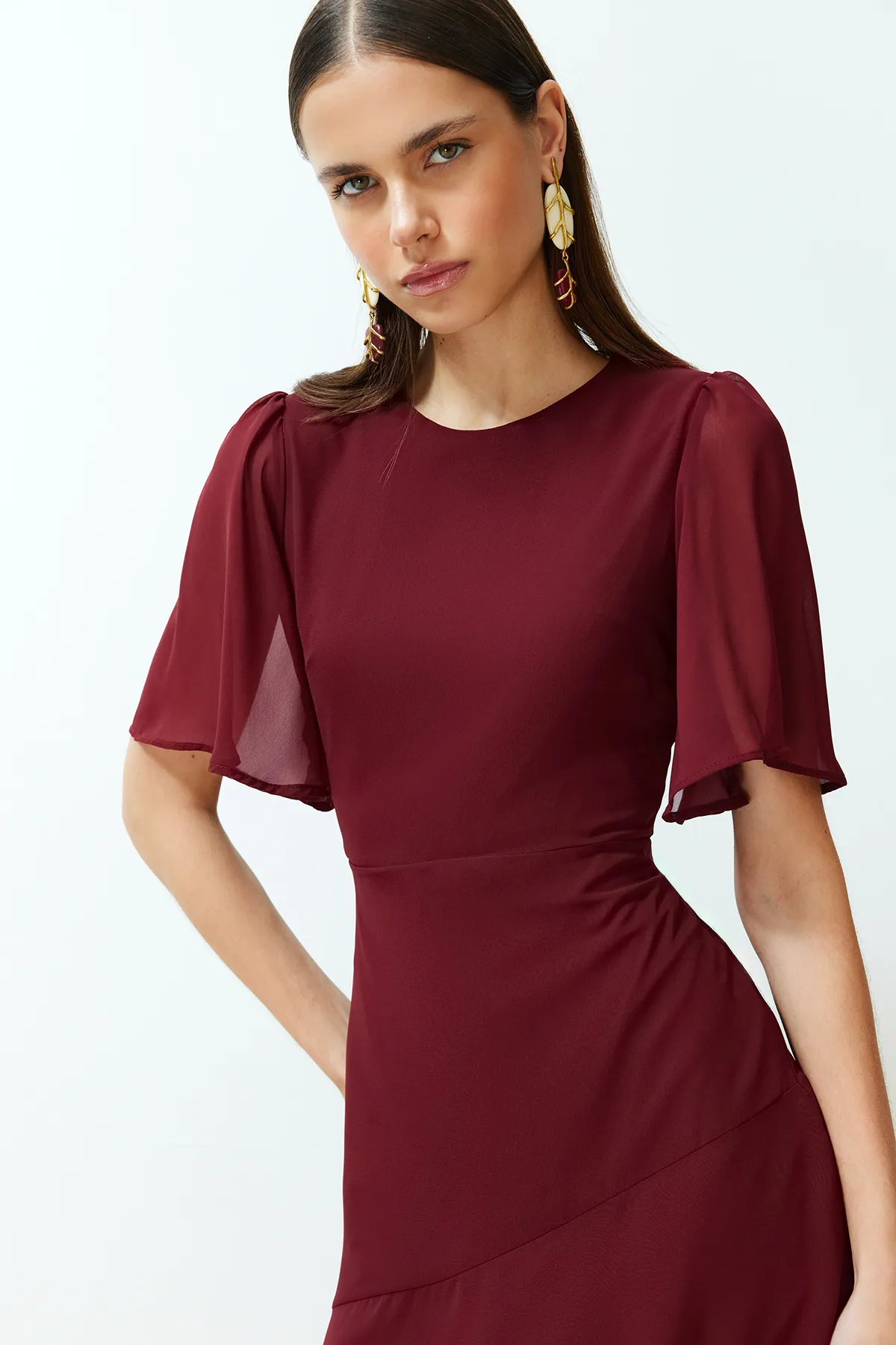 Trendyol Collection  Burgunderrotes Rock-Volant-Chiffon-gefüttertes Midi-Webkleid TWOSS22EL00733
