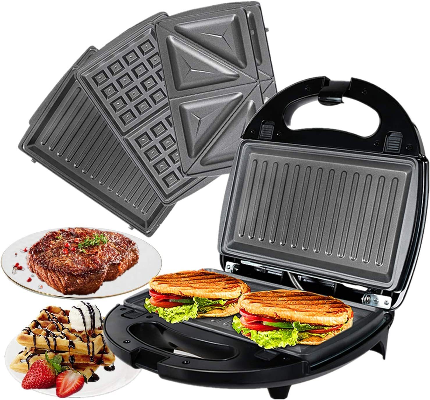 OZAVO 3-in-1-Sandwichmaker OZ320, 750 W, Waffeln, Paninitoaster, Grillplatten, abnehmbar
