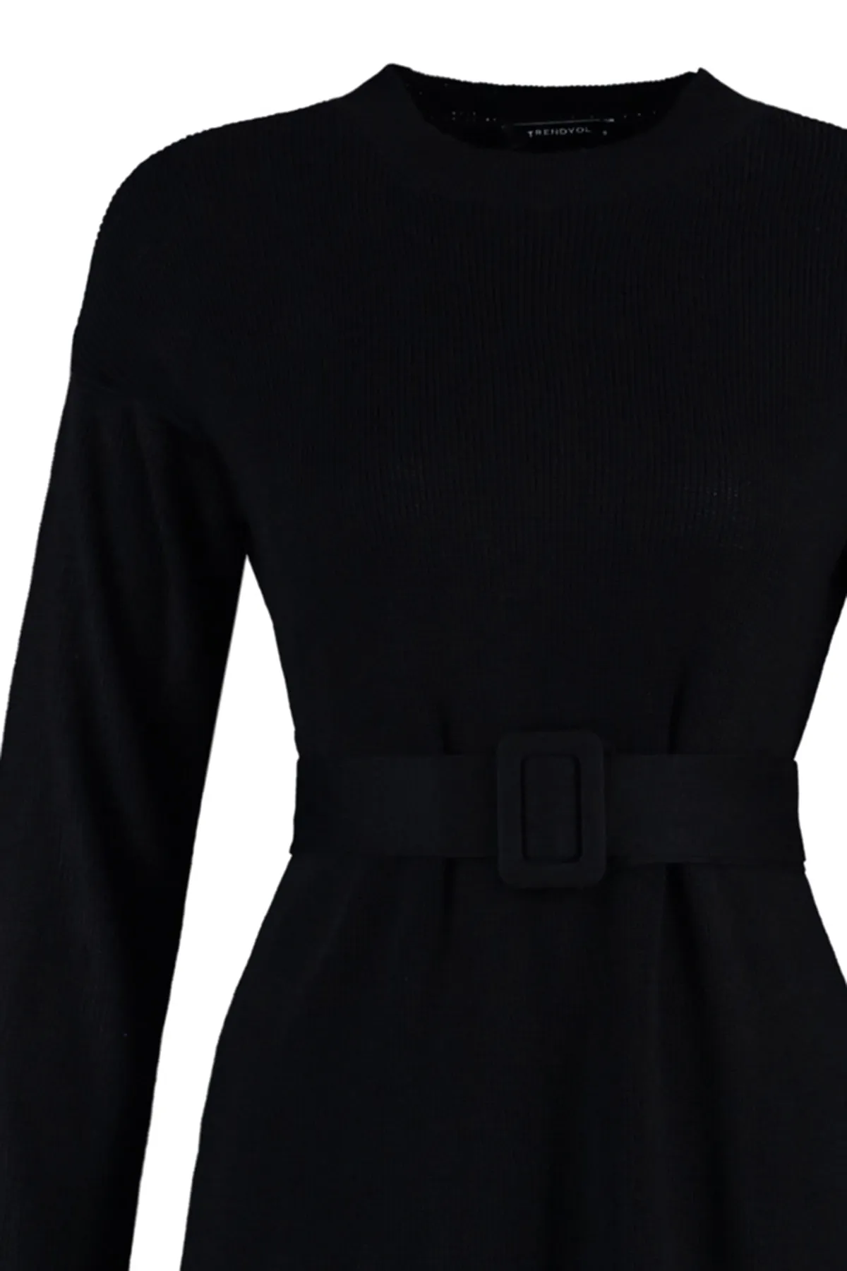 Trendyol Collection  Schwarzes, detailliertes Mini-Strickkleid mit Gürtel TWOAW23EL00041