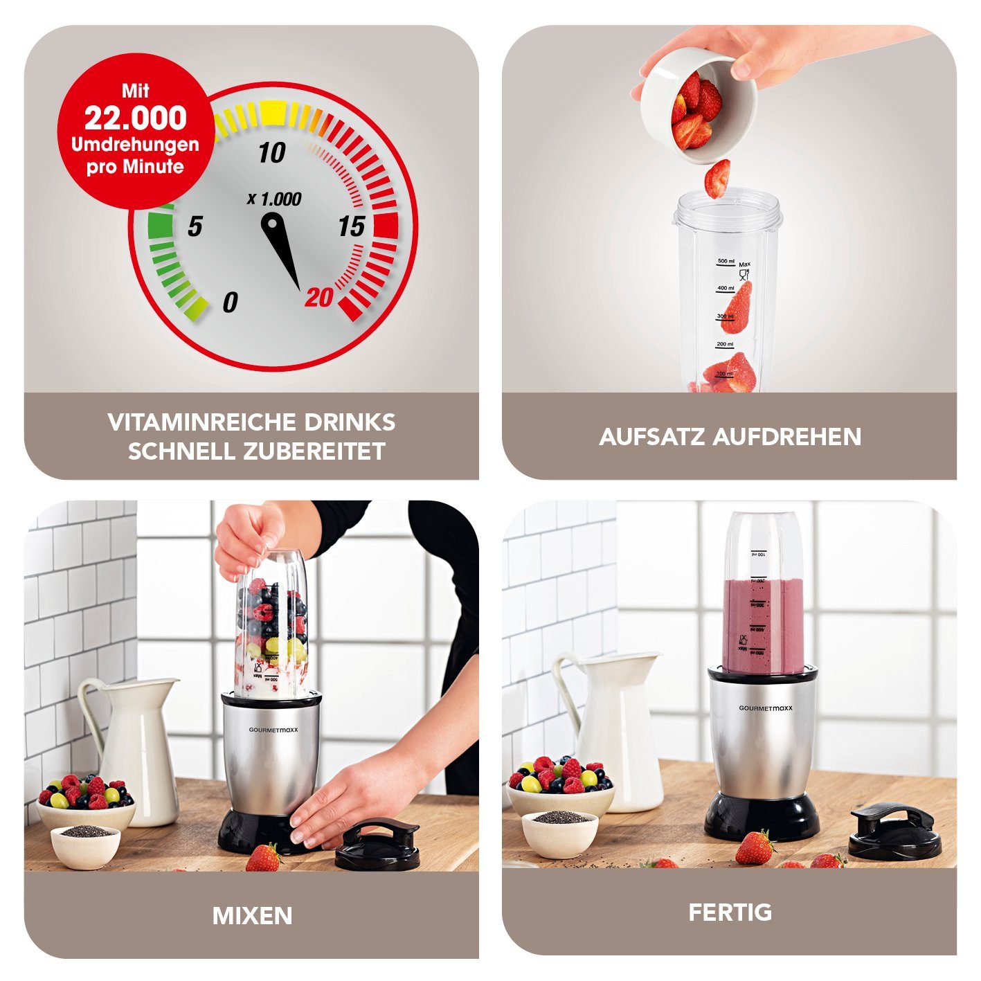 GOURMETmaxx Smoothie-Maker Nutrition Mixer 4-tlg., 500,00 W, inkl. To Go Deckel, Mixbecher 700ml