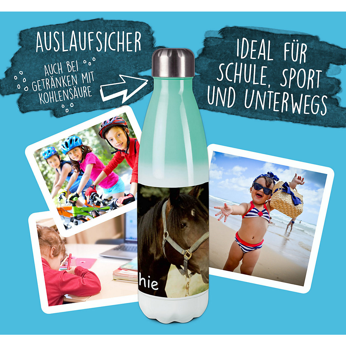Edelstahl Kinder Thermoflasche / Trinkflasche bunt Pferd Orignial Spülmaschinenfest, Auslaufsicher, Bruchfest, Doppelwandig, Für Heißgetränke geeignet, Mit Deckel, Isoliert