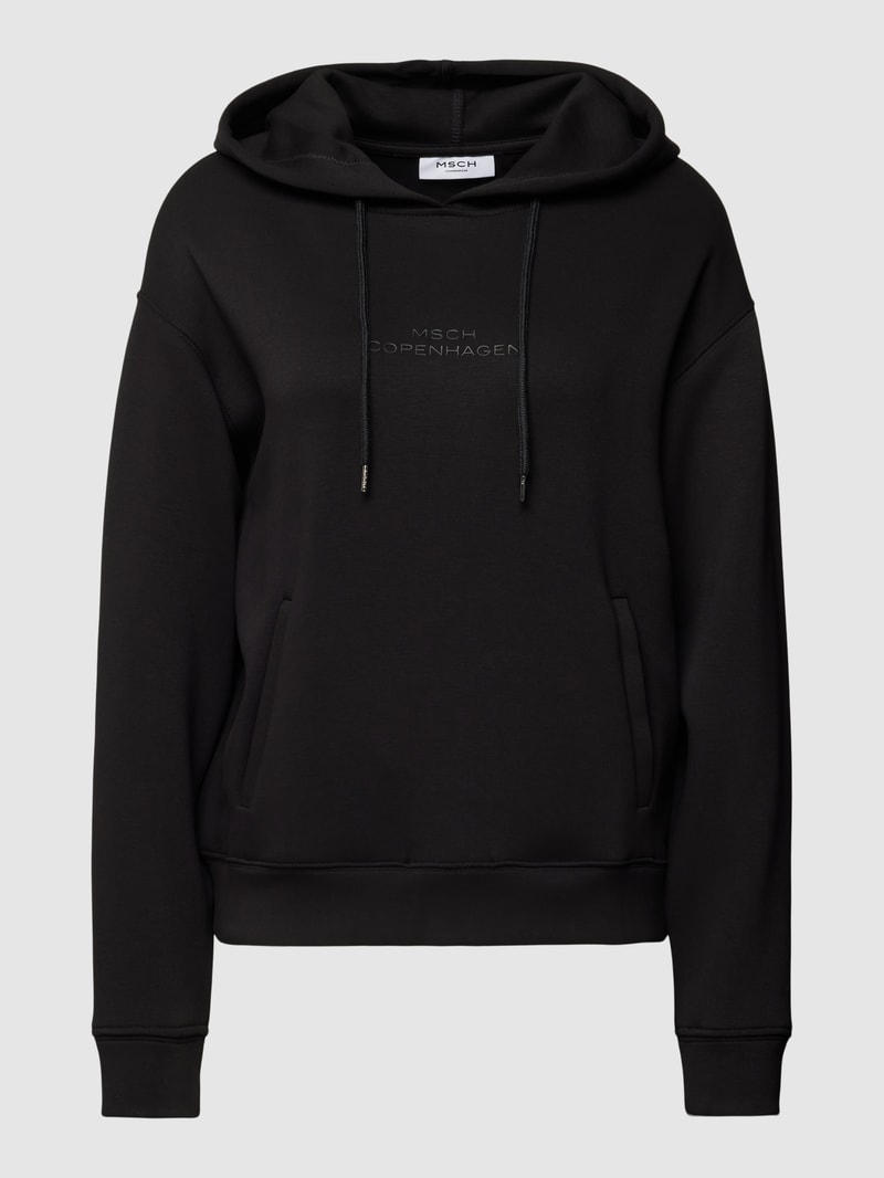 Hoodie mit Label-Print und Känguru-Tasche in schwarz