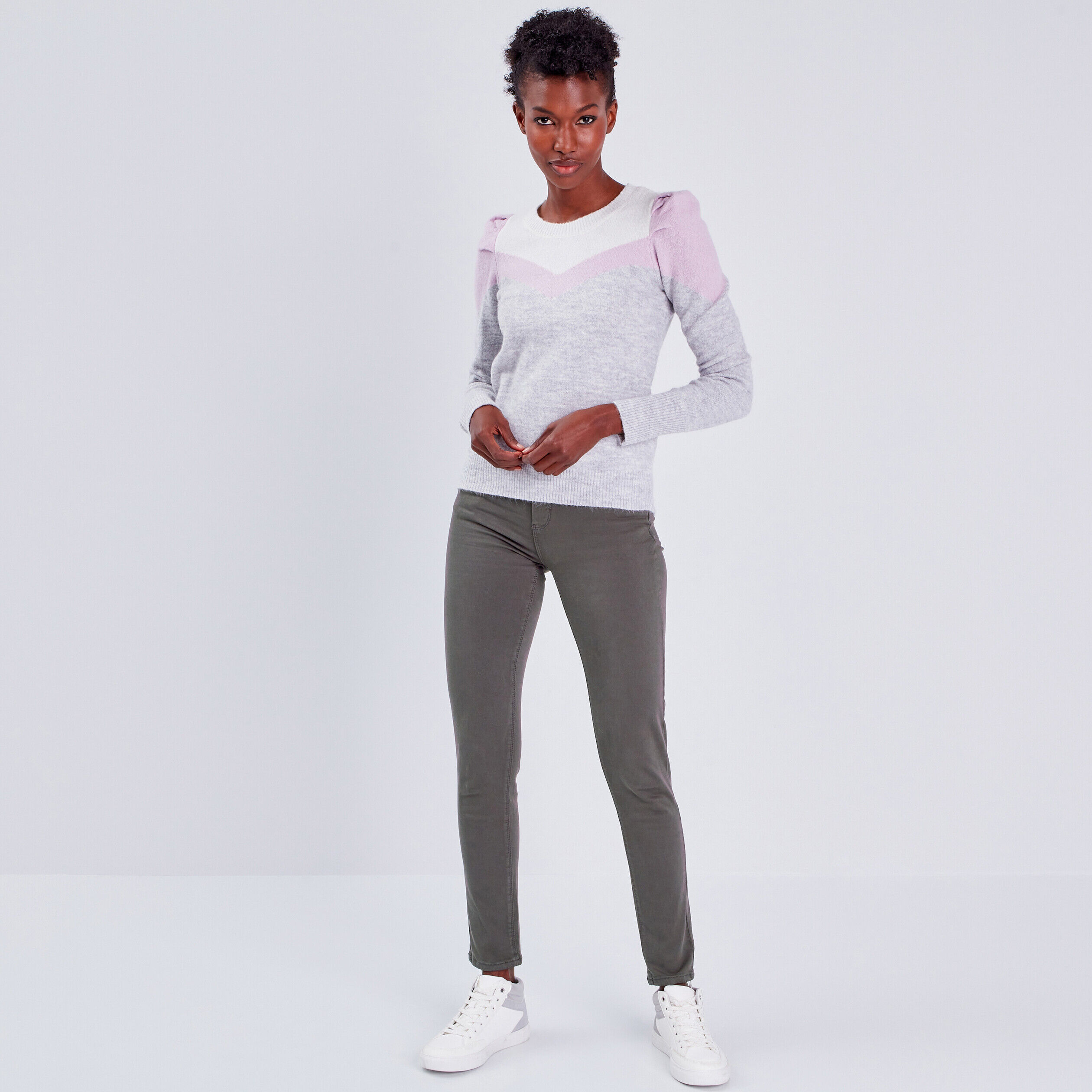 Pull épaules froncées gris clair femme | Cache Cache