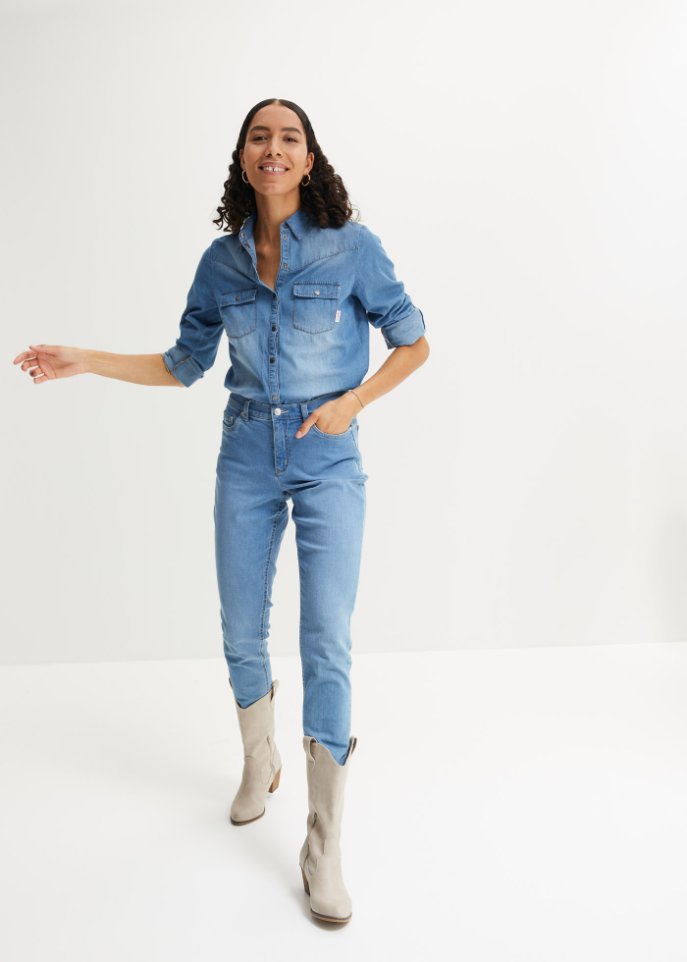 Jeansbluse mit Druckknöpfen, Langarm