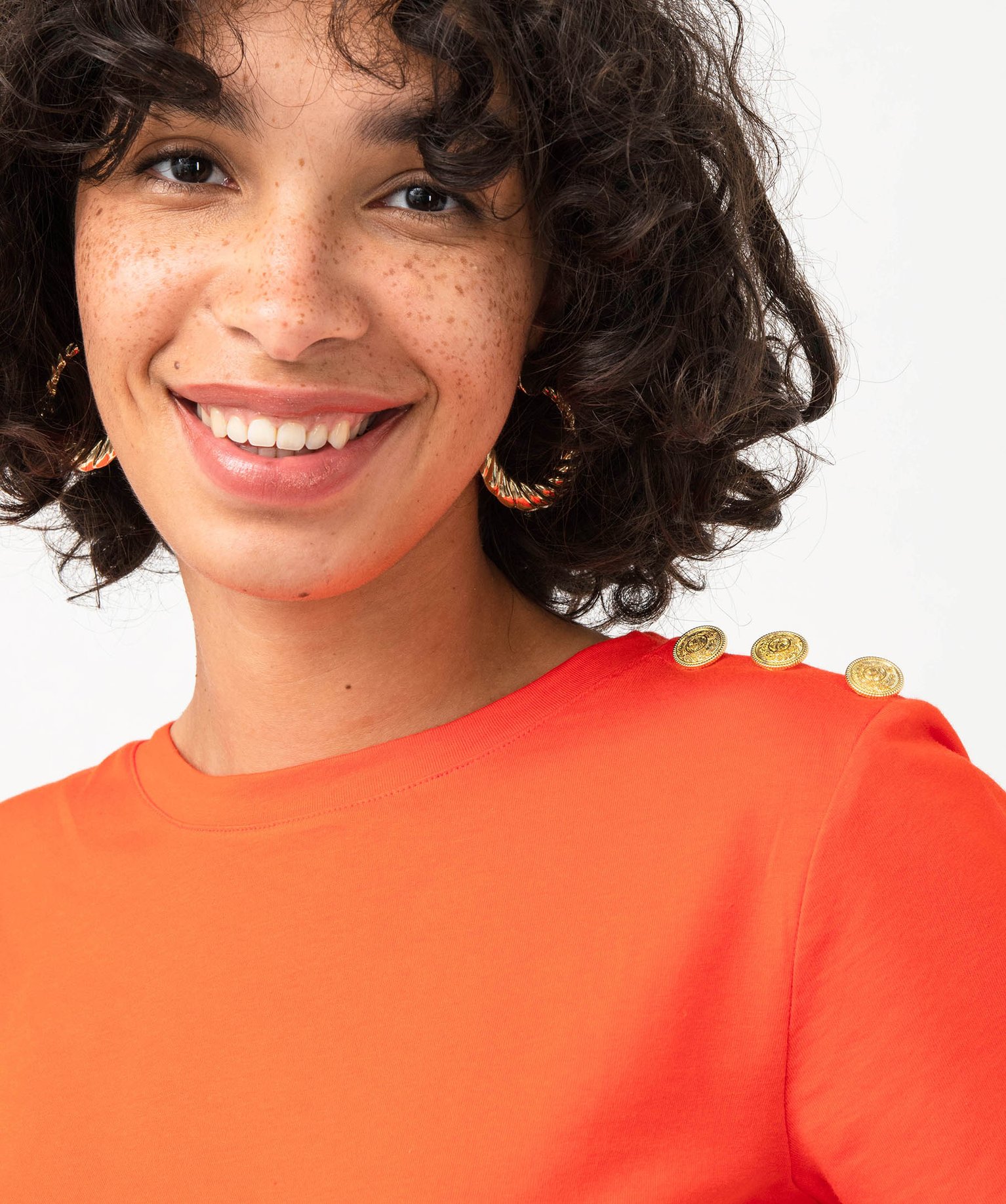 Tee-shirt manches courtes à boutons décoratifs femme orange | GEMO