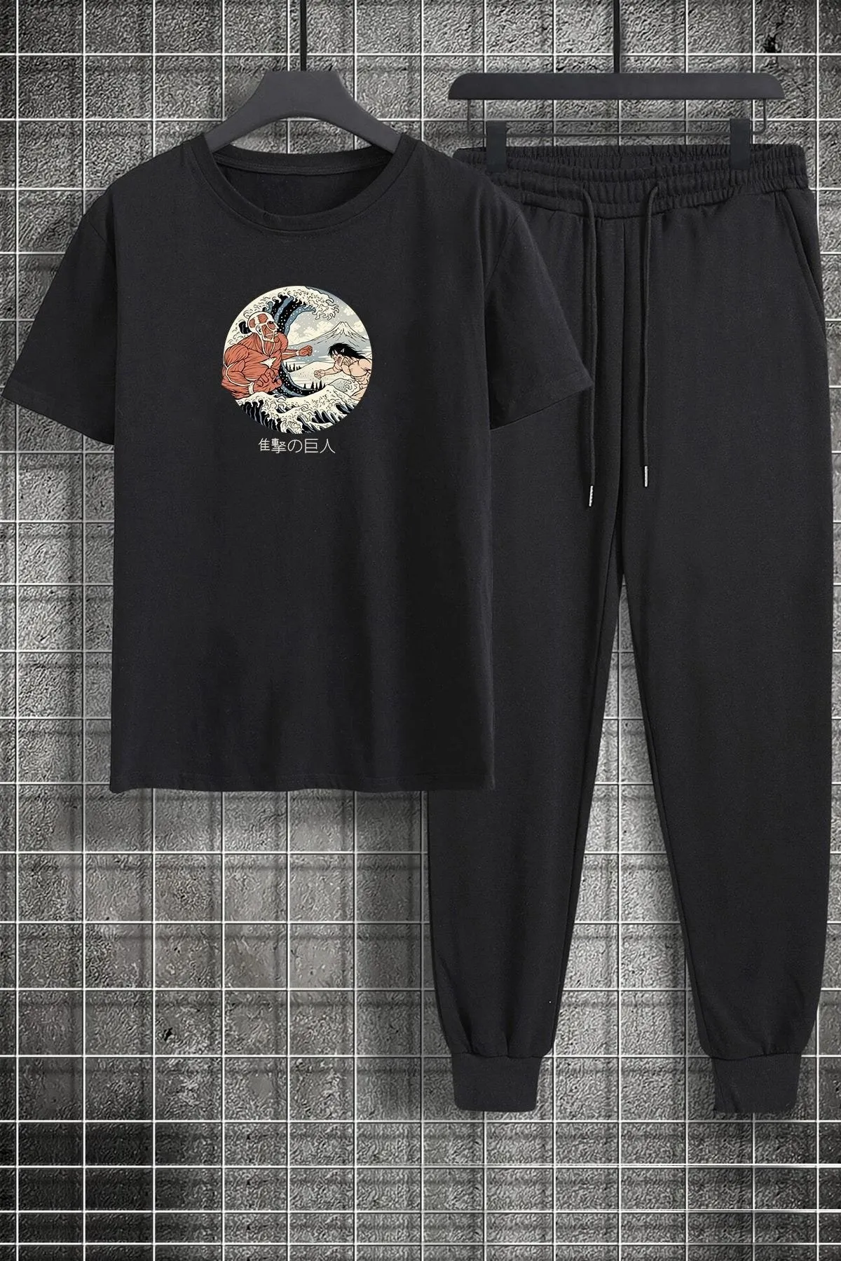 uyguntarz  Unisex Kanagawa Oki Nami Ura bedrucktes 2-teiliges Trainingsanzug-Set