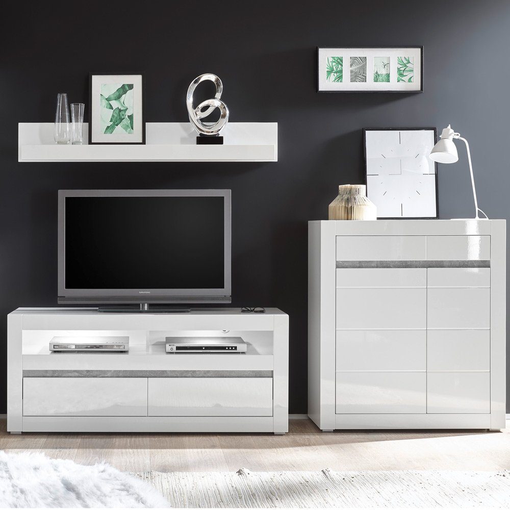 Lomadox Wohnzimmer-Set COGO-61, (Mega-Spar-Set, 4-tlg), mit LED in Hochglanz weiß und Griffmulden Betonoptik : 265x135x42cm