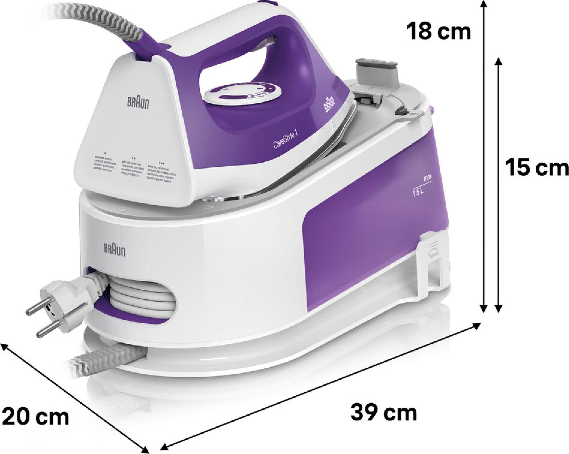 Braun Dampfbügelstation CareStyle 1 IS1014VI Dampfbügelstation, Weiß/Violett, 1500 ml Wassertank