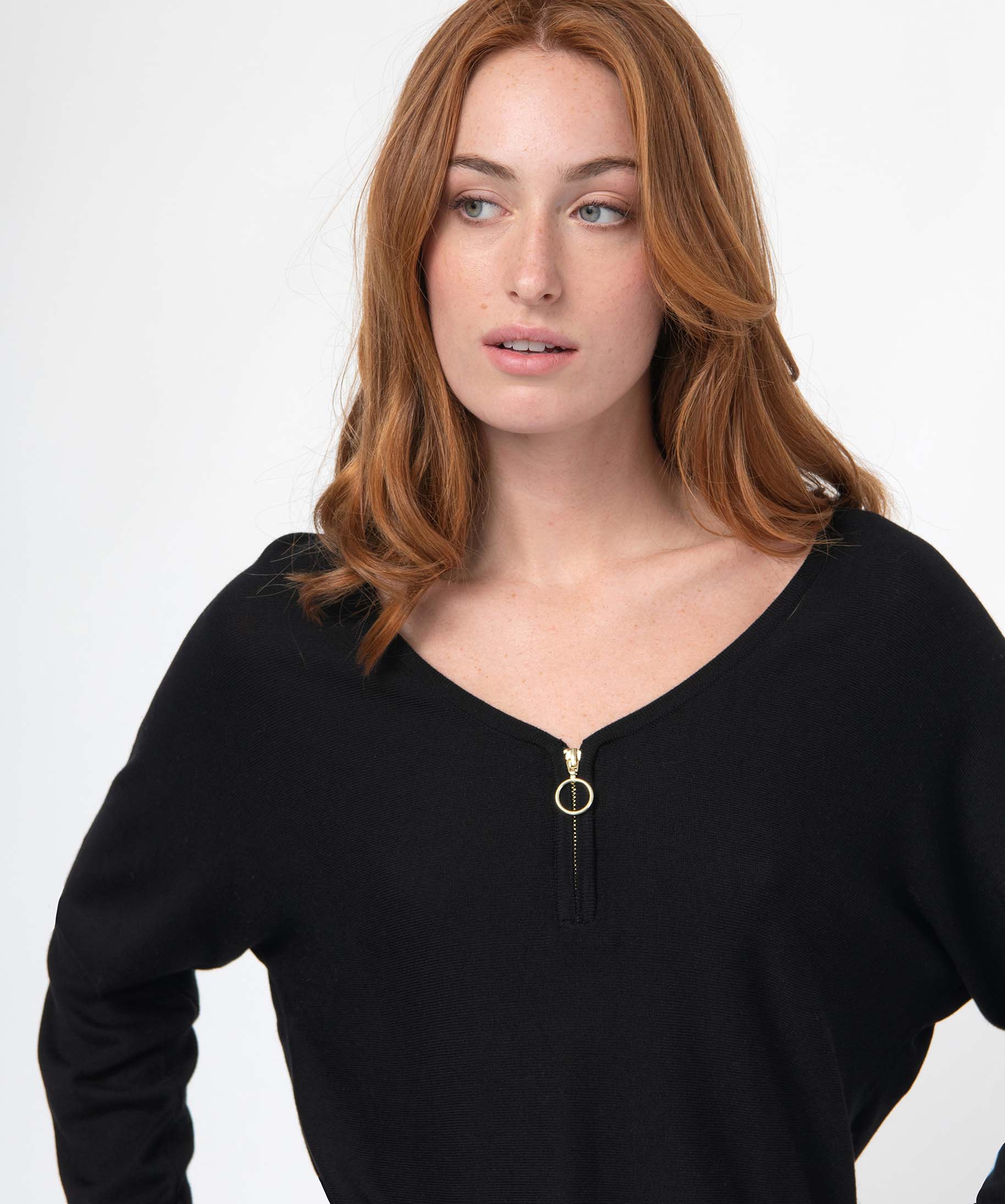 Pull col V zippé et manches chauve-souris femme noir | GEMO