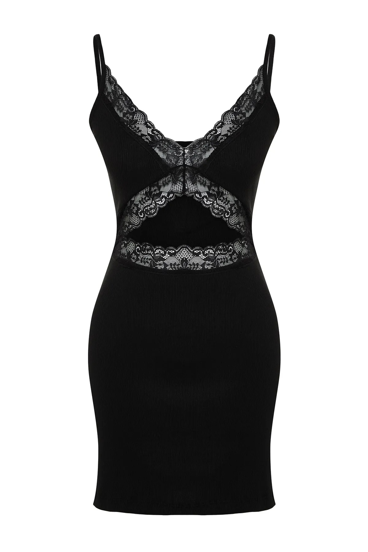 Trendyol Collection  Schwarzes Nachthemd aus geripptem Strick mit Spitzendetails und Trägern THMSS23GC00034