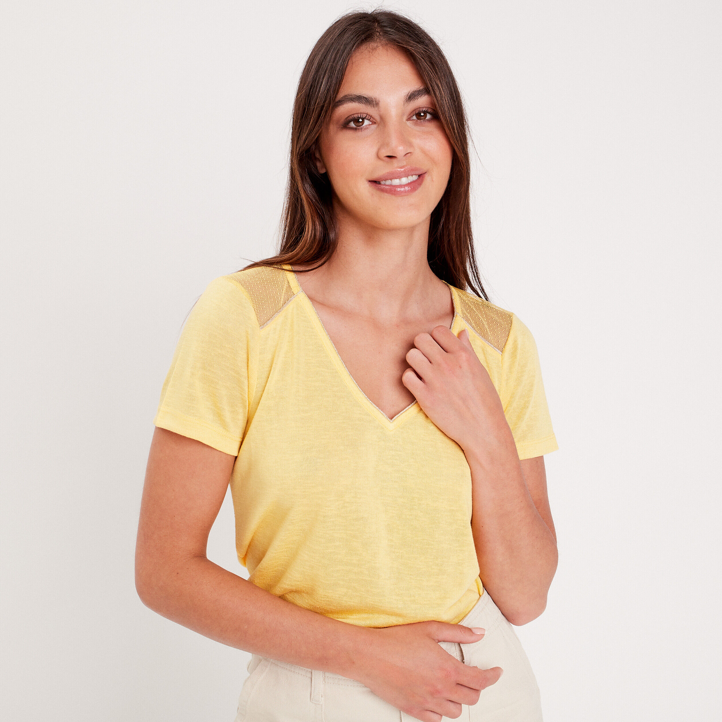 T-shirt manches courtes jaune pastel femme | Cache Cache