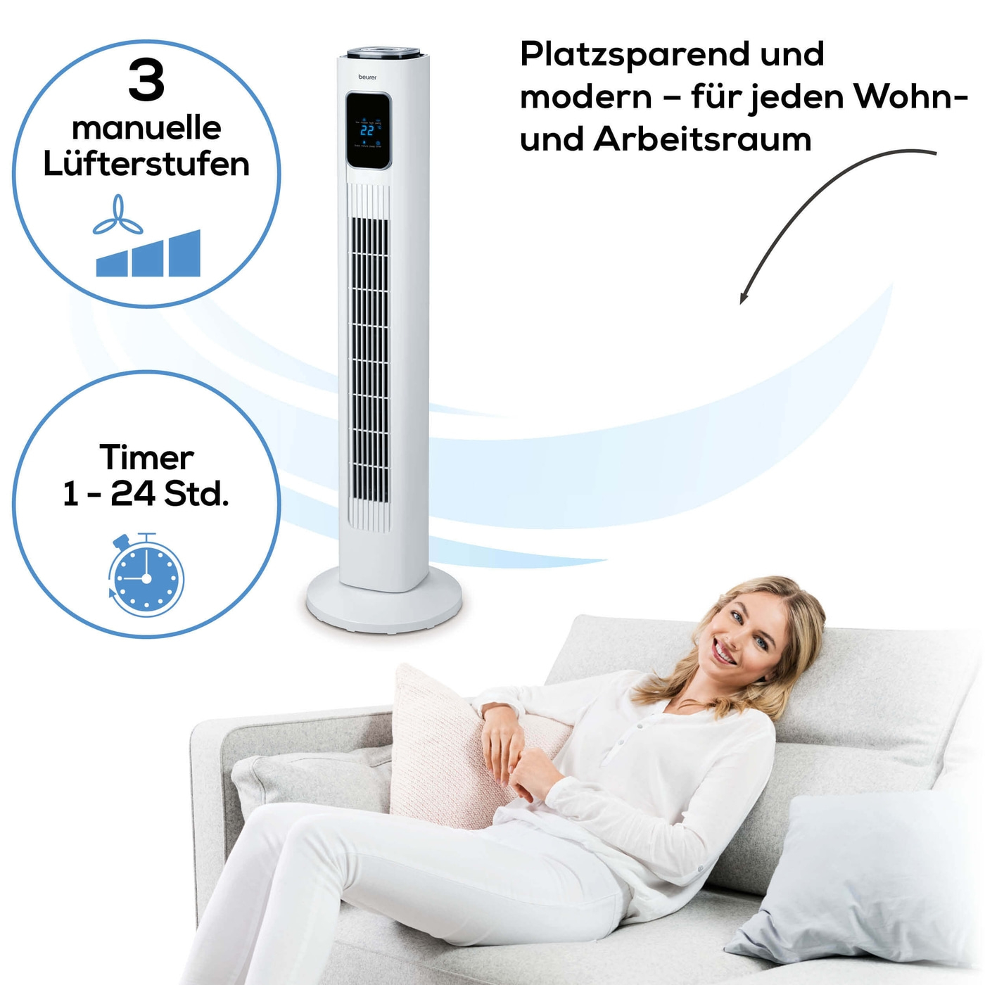 Beurer LV 200 Turmventilator-3 Lüfterstufen Ventilator mit Temperaturanzeige, Fernbedienung & 2,5 m Kabel