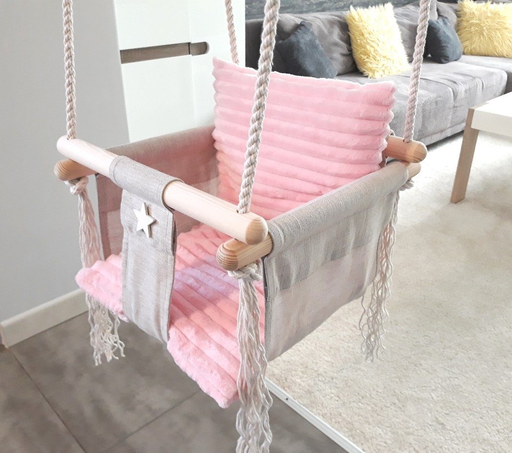 Rainbow Kids Babyschaukel Holz Stoff Leinen Rosa Minky, Made in Europe