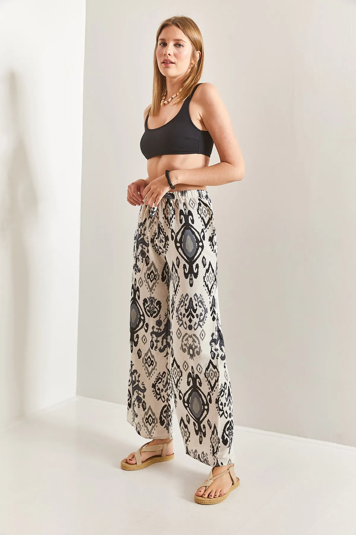 Bianco Lucci  Mehrfarbig gemusterte Damen-Leinenhose mit elastischem Bund