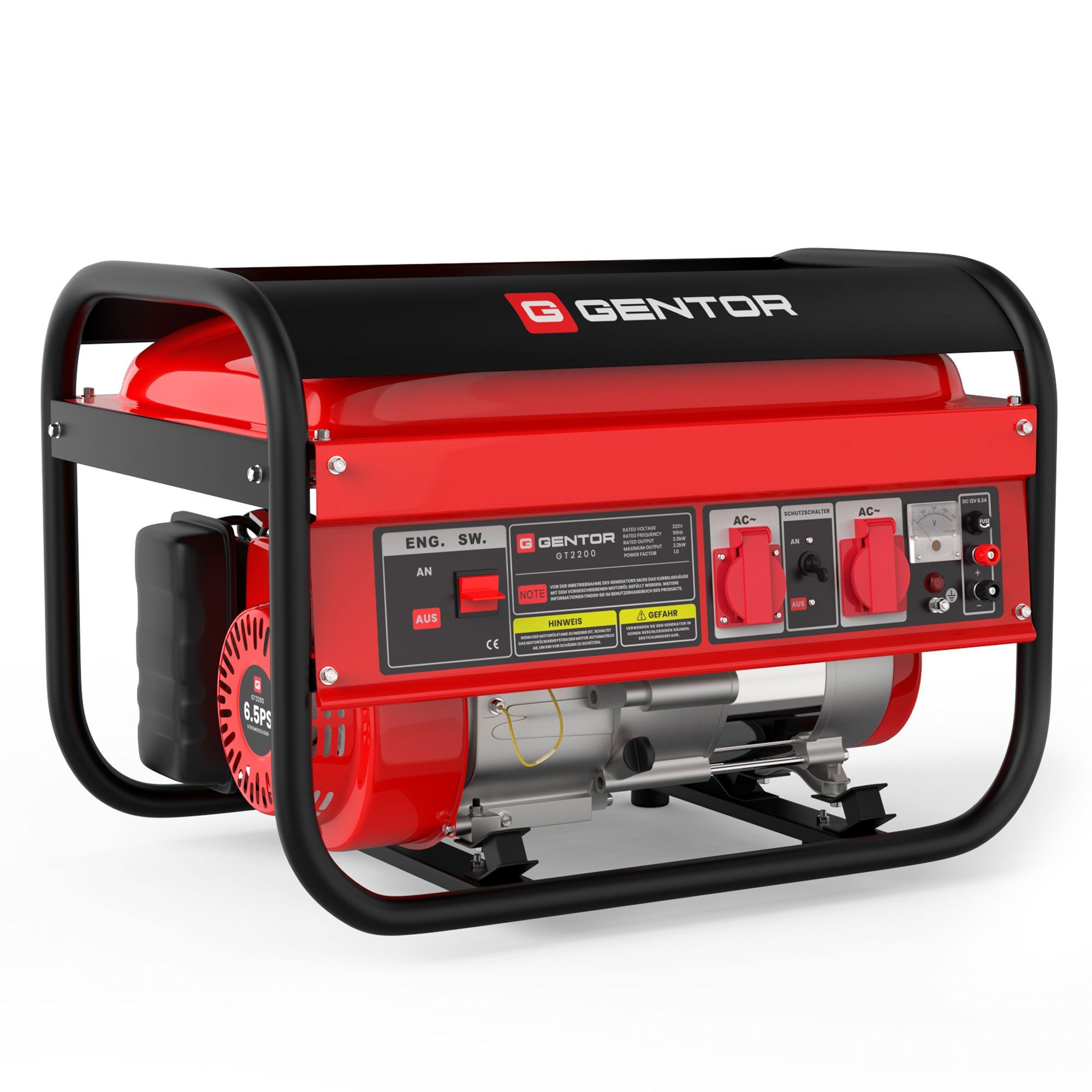 BLACKCOCO's GmbH Stromerzeuger 4-Takt 6.5 PS 2200W GT2200 Stromerzeuger Generator, 4,8 in kW, (Komplett-Set), Benzin Generator Stromerzeuger 2200 Watt 230V Steckdose