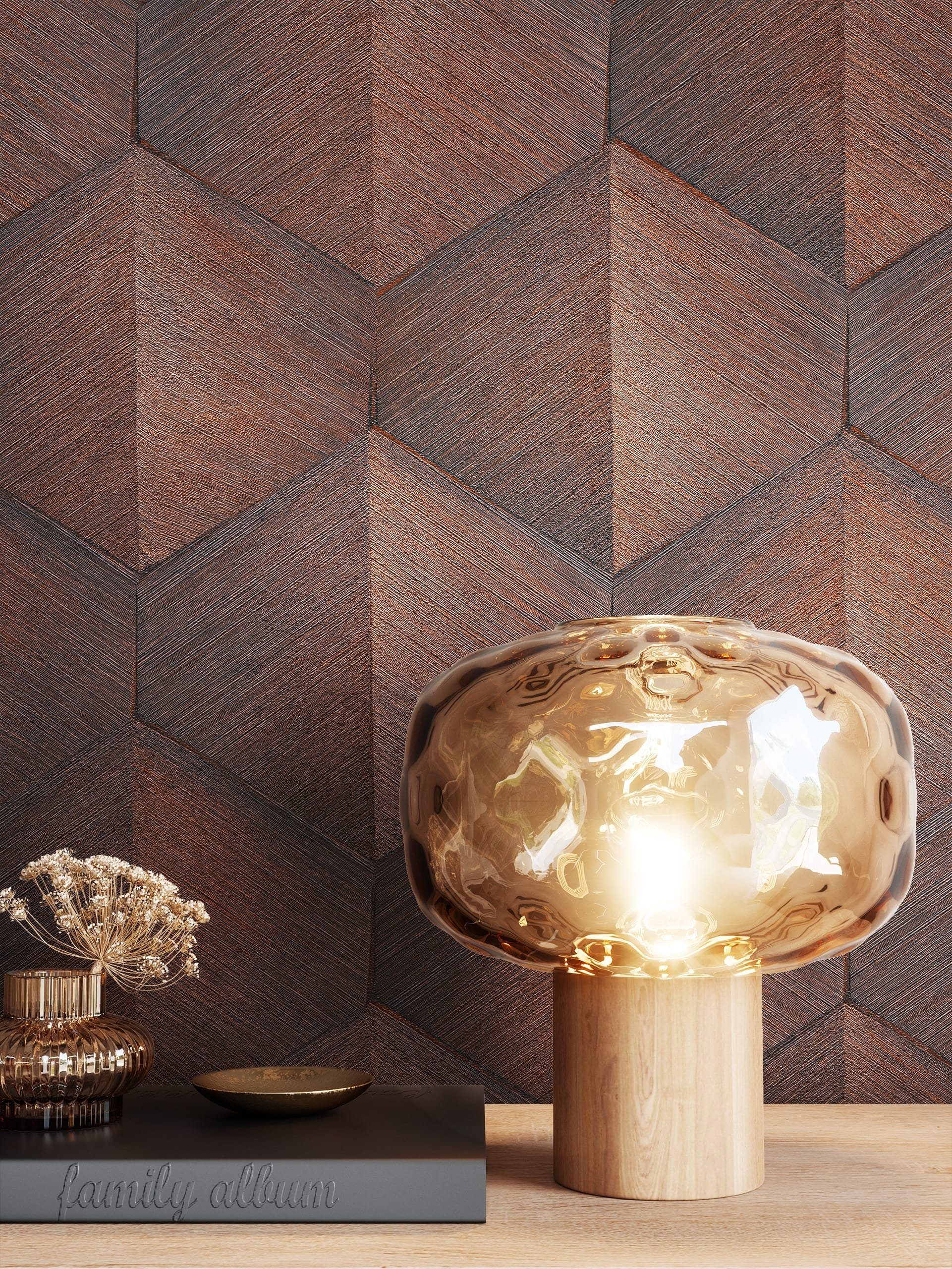 Newroom Vliestapete, Braun Tapete Modern 3D-Optik - Mustertapete Streifentapete Kupfer Schwarz Grafisch Geometrisch Raute Linien für Wohnzimmer Schlafzimmer Küche