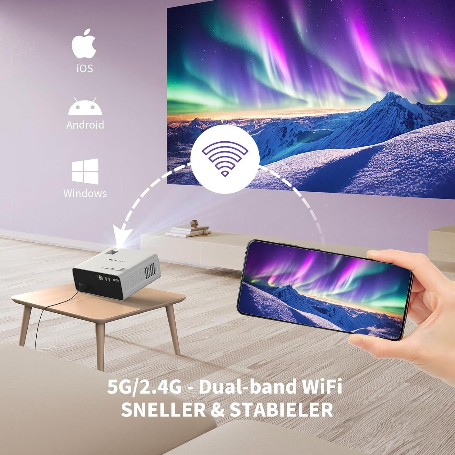WEWATCH Portabler Projektor (20000:1, 3840 x 2160 px, Beamer 5G WiFi Bluetooth, Full HD 1080P, 4K Heimkino 19000L Fire Stick)