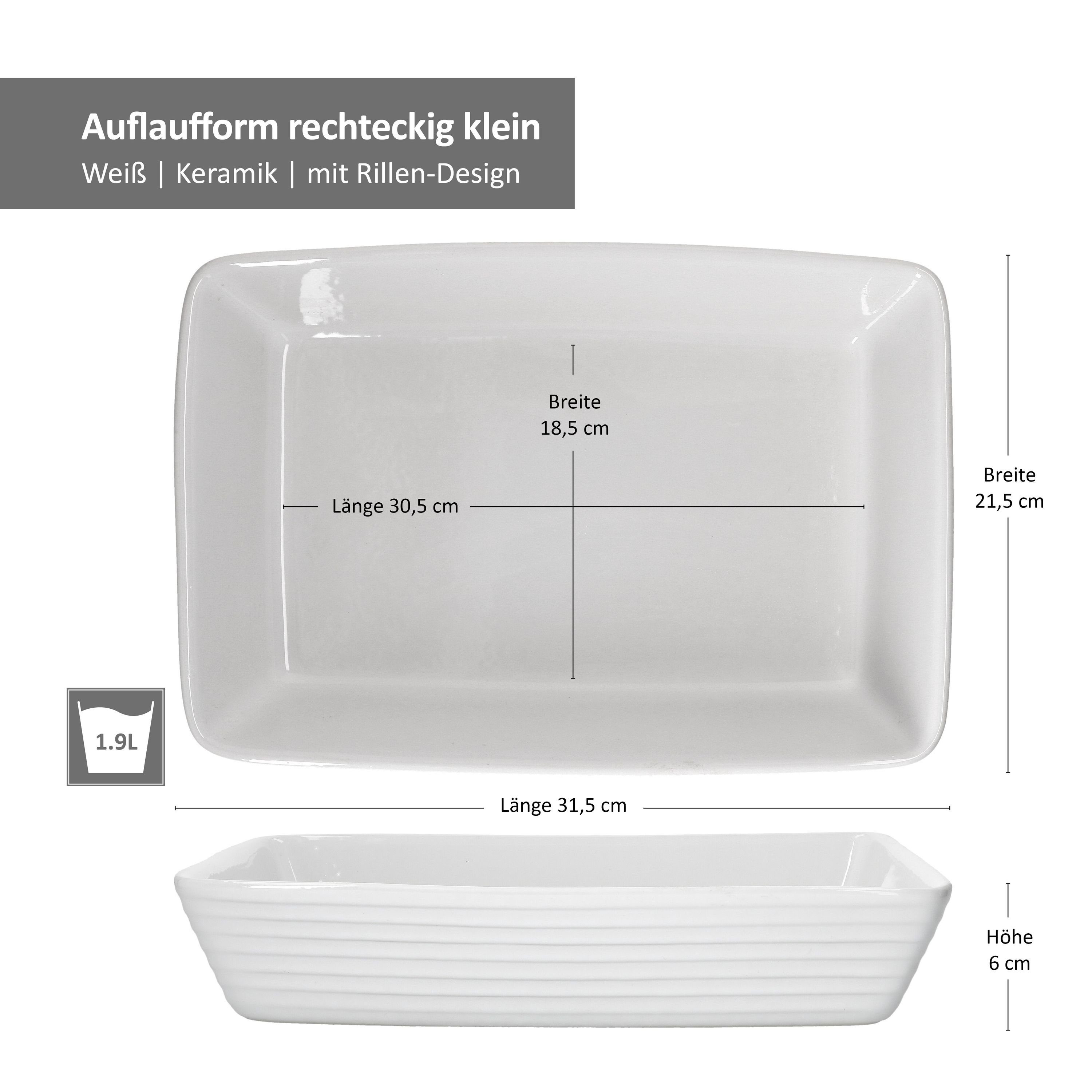 MamboCat Auflaufform Auflaufform rechteckig weiß Keramik 31,5x21,5cm 1,9L Back-Form Ofen, Steingut