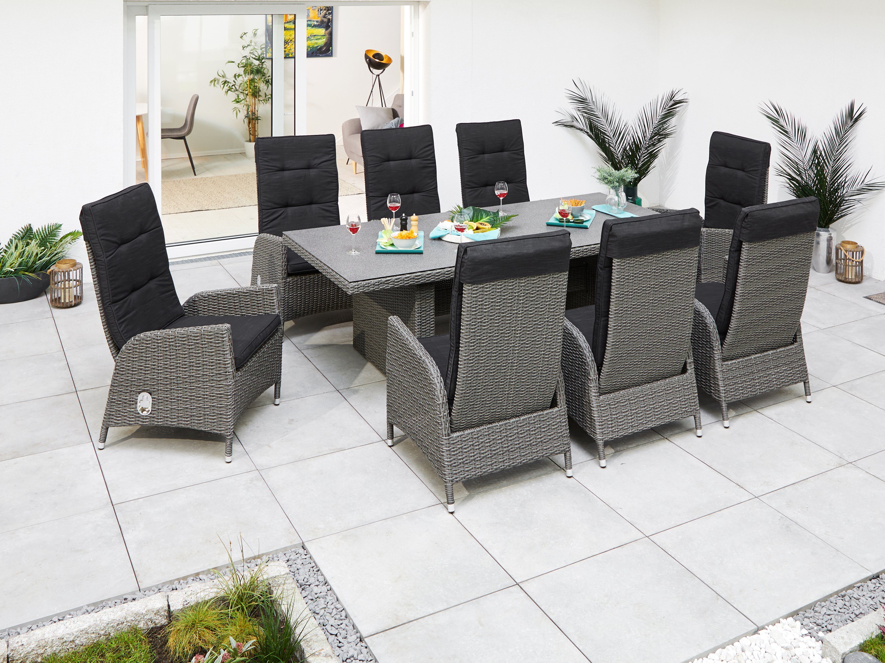 KONIFERA Garten-Essgruppe Brisbane, (17-tlg., inkl. Auflagen, Alu+Polyrattan), 8 Sessel, 1 Tisch 225x100x75 cm