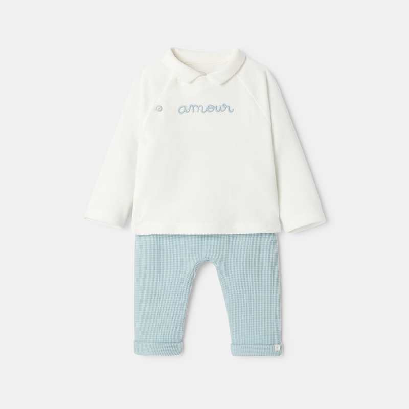 Ensemble 2 pièces en interlock et coton nid d'abeille turquoise naissance Absorba