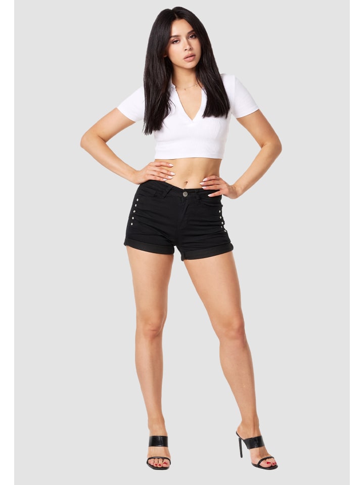 MiSS RJ High Waist Denim Jeans Shorts Bermuda Stretch Hose mit Spitze in Schwarz günstig kaufen