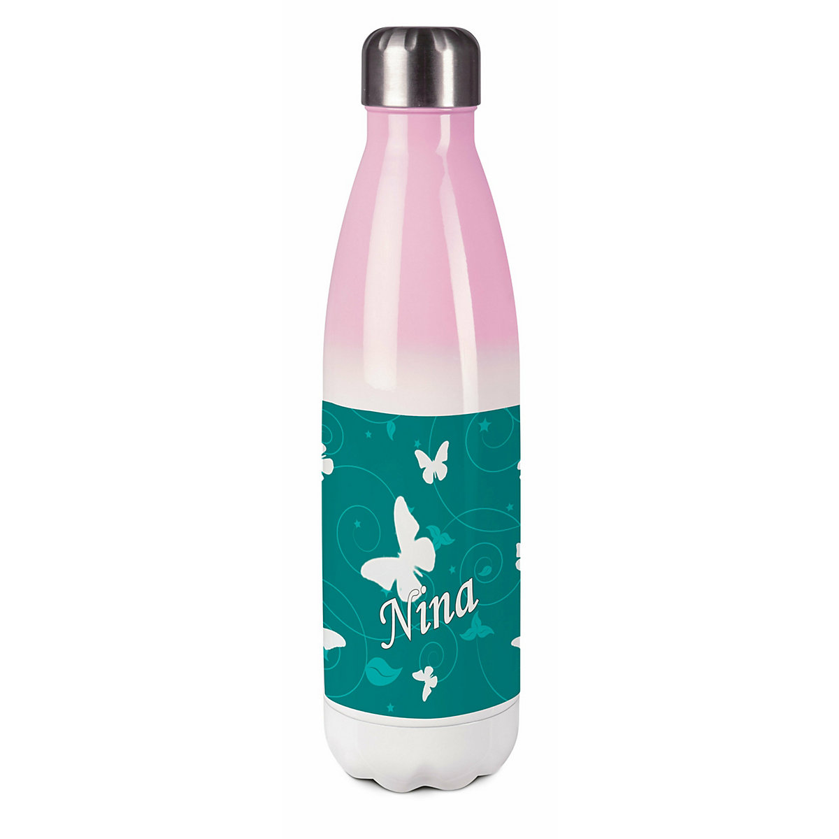 Edelstahl Kinder Thermoflasche / Trinkflasche bunt Schmetterling Ornamente Farbe petrol Spülmaschinenfest, Auslaufsicher, Bruchfest, Doppelwandig, Für Heißgetränke geeignet, Mit Deckel, Isoliert